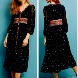 Anthropologie La Boheme embroidered midi dress in black with a Swiss dot pattern